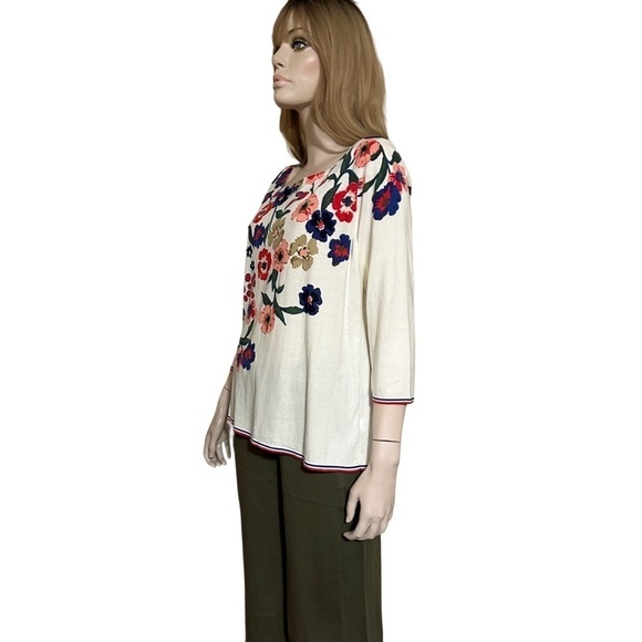 Talbots Sweater Vivid Floral Print Bracelet length Sleeve Boat neck Pullover - Picture 2 of 13